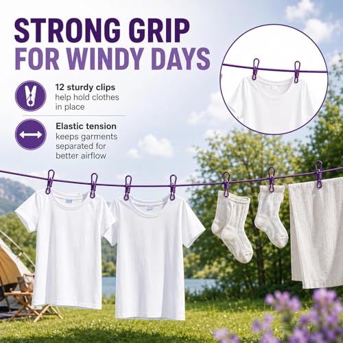 Portable Clothesline with 12 Clips, Stretch Travel Drying Rope with Stainless Steel Hooks for Camping Indoor Use.(Purple) - color: Purple