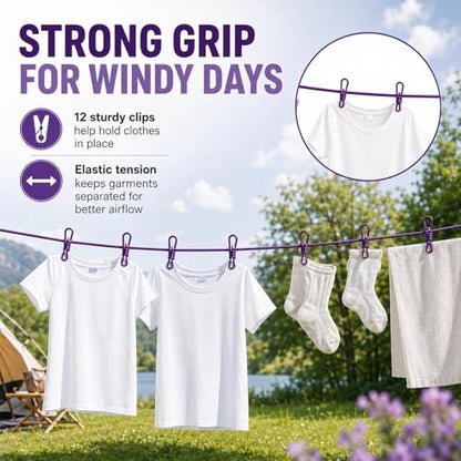 Portable Clothesline with 12 Clips, Stretch Travel Drying Rope with Stainless Steel Hooks for Camping Indoor Use.(Purple) - color: Purple
