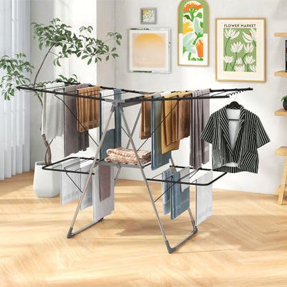 Tangkula Laundry Drying Rack, Foldable Clothes Drying Rack with Height Adjustable Wings, 33 Drying Rails & Sock Clips, Freestanding Gullwing Garment Stand for Indoor & Outdoor Use (Sliver+Grey) - color: Sliver+grey