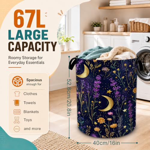 Wildflowers Laundry Basket,Moon Night Foldable Oxford Laundry Hamper with Handles,Portable Clothes Tote Bag Clothes Storage Bucket Organizer 20.8" x16" For Bathroom/Laundry Storage/Bedroom - color: Wildflowers Moon Night