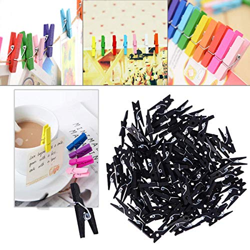 Wooden Clothes Pins, 100pcs 1.3Inch (3.5cm) Black Small Wooden Chip Clips with 33 Feet Jute Twine for Bag Clips Clothespin Bag Clothes Pin Heavy Duty Outdoor(Black) - color: Black