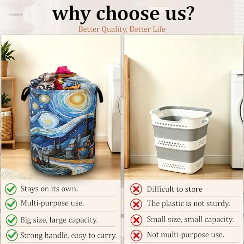 Starry Sky Oil Painting Waterproof Laundry Basket with Handles, Foldable Clothes Hamper, Large Capacity Laundry Organizer Bin for Bedroom Bathroom Dorm Room - color: Starry Village