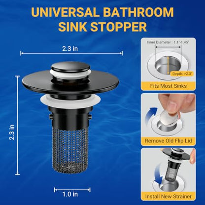 Bathroom Sink Drain Strainer, Pop-Up Bathroom Sink Stopper with Removable Stainless Steel Hair Catcher Basket, Universal Fit for US Bathroom Sinks, Showers & Floor Drains (2pcs-Black) - color: 2pcs-black