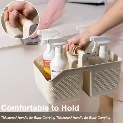 Plastic Shower Caddy Portable Shower Basket with Bamboo Handle, Cream - color: Cream