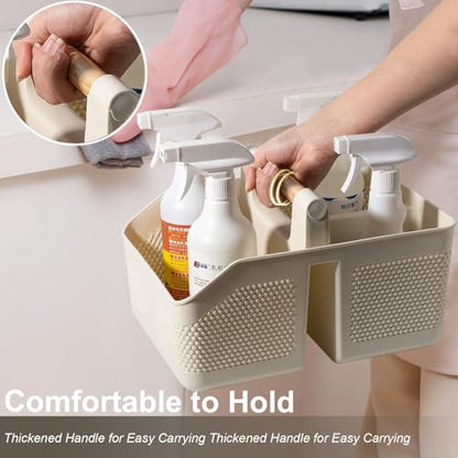 Plastic Shower Caddy Portable Shower Basket with Bamboo Handle, Cream - color: Cream