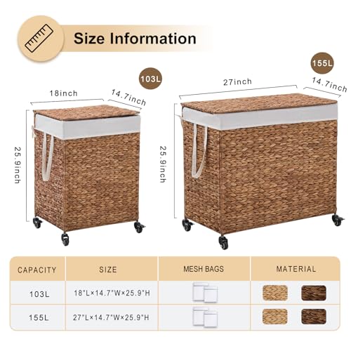 2-Section Laundry Hamper with Lid, Large Capacity Woven Natural Water Hyacinth Laundry Sorter with Removable Liners, Rolling or Non-Slip Design for Bedroom (Espresso, 100L) - color: Espresso, size: 2-Section