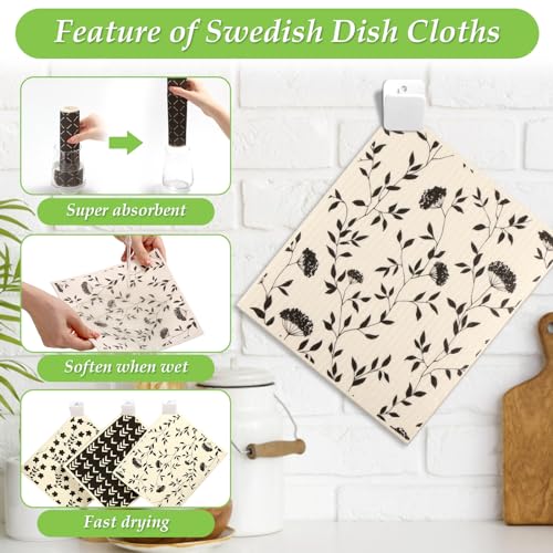 Lucomb 10 Pack Swedish Dishcloths with Hook, Eco-Friendly Reusable Paper Towels Washable Cellulose Sponge Swedish Dish Cloths for Kitchen Counter Cleaning - color: 10 Pack-black White+ Clips