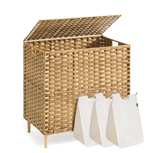 SONGMICS 3-Section Laundry Hamper with Lid, PE Rattan, 42 Gallons (160 L) - color: Goose Yellow, size: 160 L (3 Basket)
