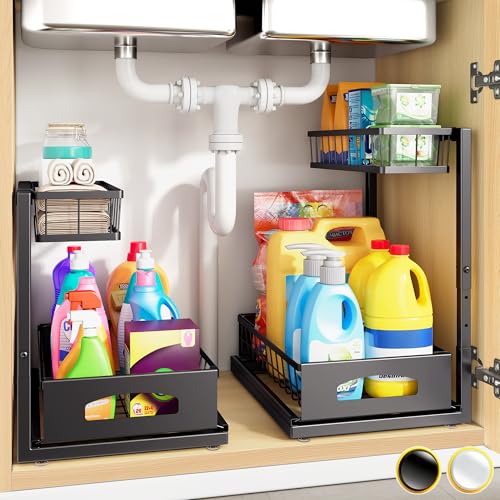 Under Sink Organizer, 2-Pack L-Shaped Metal Pull-Out Drawers for Kitchen - color: Black, size: 2 Pack