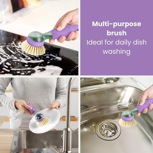 Vigar Rengo Dish Brush with Soap Dispenser, Nylon Bristles, Purple - color: Purple