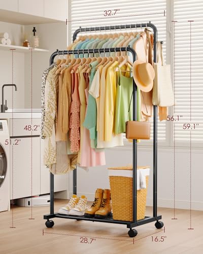 Sakugi Double Rod Clothes Rack Mesh Shelf & Hooks, 28.7x16.5x59.1, Black - color: Black, size: Large 28.7"W x 16.5"D x 59.1"H