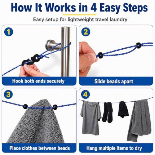 2 Pack Travel Clothesline, No Clothespins Needed, 48 Beads, Winders & Bags