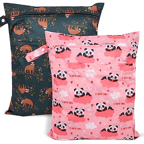 2pcs Travel Waterproof Laundry Bag, Cloth Diaper Wet Dry Bags with Handle & 2 Zipper Pockets, Reusable Washable Dirty Clothes Bag for Baby Adult Travelling Hanging, Bathing Beach Pool Daycare - color: Panda & Sloth
