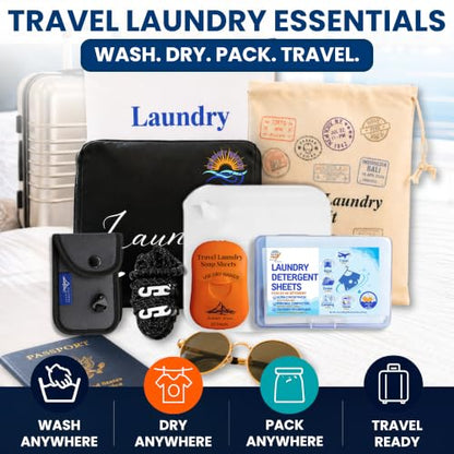 Travel Laundry Detergent Sheets Kit – 2-Size Travel Detergent Sheets + Lightweight Clothesline, Universal Sink Stopper & Foldable Laundry Bag Great for Hotels, Cruises, Camping & Trips - style: 7-Pack Laundry Kit