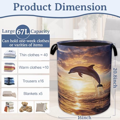 Dolphins Laundry Basket,Foldable Oxford Cloth Sunset Laundry Hamper With Handle, 20.8"x16" Portable Clothes Storage Basket Bag for Laundry Room/Bathroom/Bedroom/Dormitories - color: Dolphins Sunset