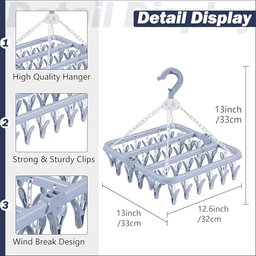 Clothes Drying Rack with 32 Clothespins, Bule Foldable Hanging Drying Racks, 360° Rotatable Hook for Drying Towels Bras Baby Clothes Gloves Plastic, Clothes Drying Foldable-Bule