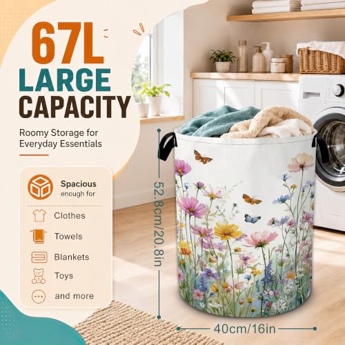 Wildflowers Laundry Basket,Butterfly Flowers Foldable Oxford Laundry Hamper with Handles,Portable Clothes Tote Bag Clothes Storage Bucket Organizer 20.8" x16" For Bathroom/Laundry Storage/Bedroom - color: Wildflowers Butterfly Flowers
