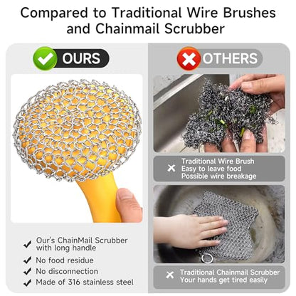 SUBEKYU Cast Iron Scrubber with Silicone Handle, Stainless Steel Skillet Cleaner for Cast Iron Pans (Yellow) - color: Yellow