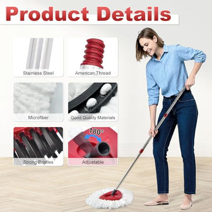 Mop Head Replacement, Base, Mop Handle for Ocedar EasyWring 1-Tank System, 2 Microfiber Mop Refills, Extendable Length 30-59" Mop Handle, Base and Scrubber for All Hard-surfaced Floor - color: White (1-tank) - 2 Heads, 1 Mop Handle, 1 Base, 1 Scrubber