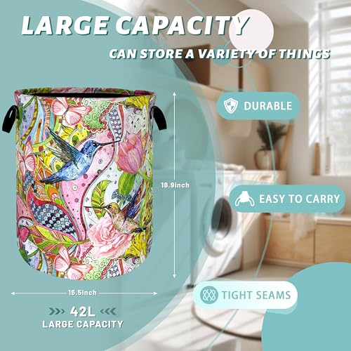 Floral Hummingbird Laundry Basket Oxford Cloth Hamper 18.9x16.5 Inch - color: Boho Pink Flowers With Hummingbird