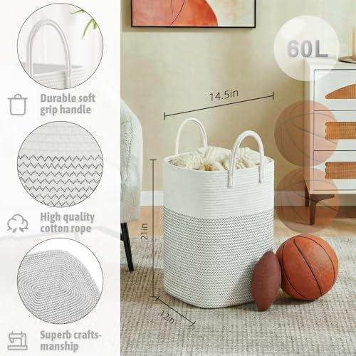Laundry Basket,Woven Cotton Rope Laundry Hamper,Versatile Storage for Dirty Clothes,Baby Toys,and Blankets in Bathroom, Nursery,and Living Room (White, 60L) - color: White, size: 60L