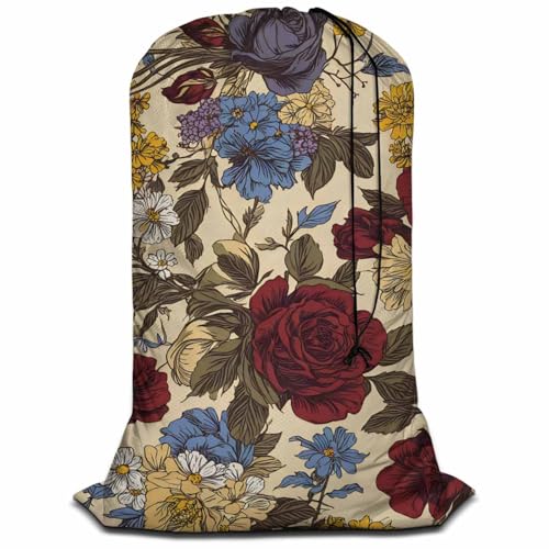 Swono Vintage Floral Large Laundry Bag Washable Large Dirty Clothes, Flower Roses Anemones Wildflowers Drawstring Organizer Bag, Fit Hamper Basket Camp Travel Home College Dorm, Colorful - color: Vintage Floral
