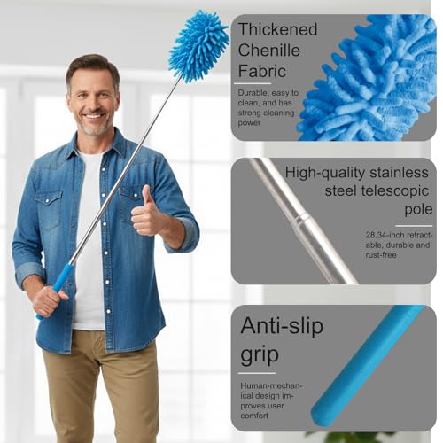 Microfiber Feather Duster with 29 in Telescoping Pole and Bendable Head for Ceiling Fans, Ceilings, Blinds, Furniture and Cars, Blue - color: Blue
