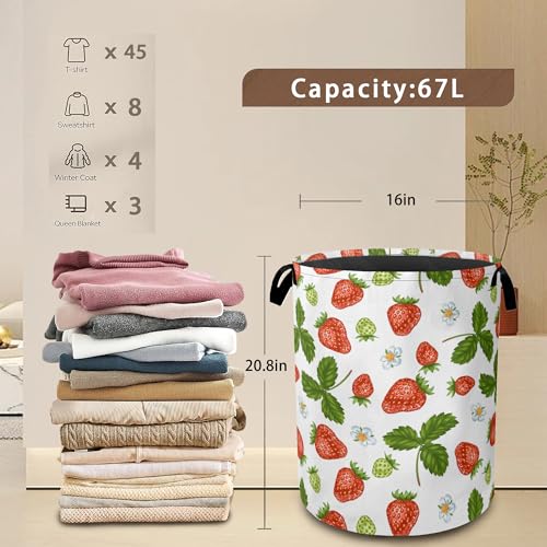 Strawberry Laundry Hamper,Collapsible Laundry Baskets,Flowers Leaf Dirty Clothes Baskets with Handles,Oxford Cloth Hamper for Bedroom,Bathroom,College Dorms, 16"x20" - color: Strawberry,Flowers Leaf