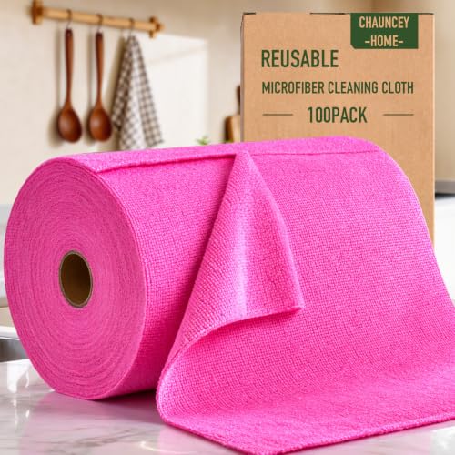 Microfiber Cleaning Cloth Roll - 100 Pack Tear Away Microfiber Paper Towels, Reusable, Washable, Scratch-Free, Kitchen Towels for Car, Home, Kitchen, Glass, Dishes (Hot Pink) - color: Hotpink