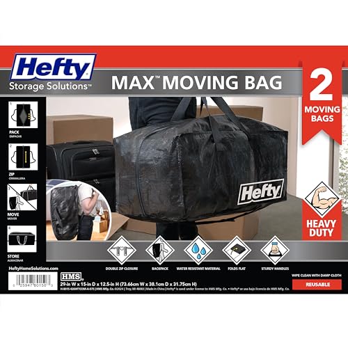 Hefty Moving Bag – Extra Large Double Zipper Backpack – Heavy Duty, Water Resistant, Foldable, Reusable Packing & Storage Tote with Shoulder Straps for Garage and Basement Organization – 2 Pack - size: 11 Gal - Moving Bag - 2 Pack