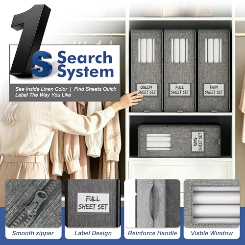 Furnhome Bed Sheet Organizers and Storage 4 Pack for Linen Closet, Foldable Sheet Set Holder with Window & Labels, Stackable Bedding Storage Boxes for Sheets, Duvet Covers, Blankets - size: 4 Pack