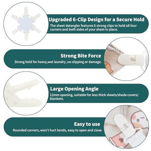 Bed Sheet Detangler with 6-Clip, WAD Preventer Stop Bed Sheets/Duvet Covers/Blankets from Tangling, Twisting & Balling Up in Dryer Washer and Dryer, 4 Pcs(White) - color: White