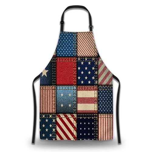 Kitchen Apron for Men Patchwork of American Flag Fun Aprons for Women for Cooking Restaurant BBQ Painting Crafting Gardening 27” (W) x 31” (H), Waterproof Aprons - color: Patchwork of American Flag