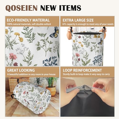 Beautiful Floral Laundry Hamper,Collapsible Laundry Baskets,Flowers Butterfly Dirty Clothes Baskets with Handles,Oxford Cloth Hamper for Bedroom,Bathroom,College Dorms,16"x20" - color: Beautiful Floral,Flowers Butterfly