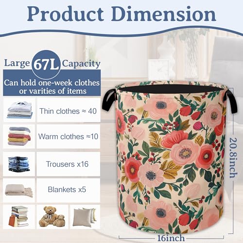 Vintage Flowers Laundry Hamper With Handle,Foldable Oxford Cloth Blossom Vintage Floral Laundry Basket,20.8"x16" Clothes Storage Basket for Laundry Room/Bedroom/Bathroom - color: Vintage Flowers Blossom Vintage Floral