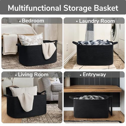 Goodpick Large Woven Rope Blanket Basket, Rectangle, Black, 75L - color: Black, size: Large(21.6"L x 14.9"W x 11.8"H)