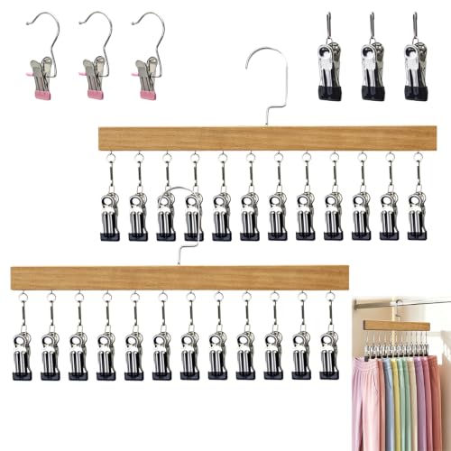 2 Pack Wooden Pants Hangers, 12 Metal Clips (Wood Colour-12 Clip)