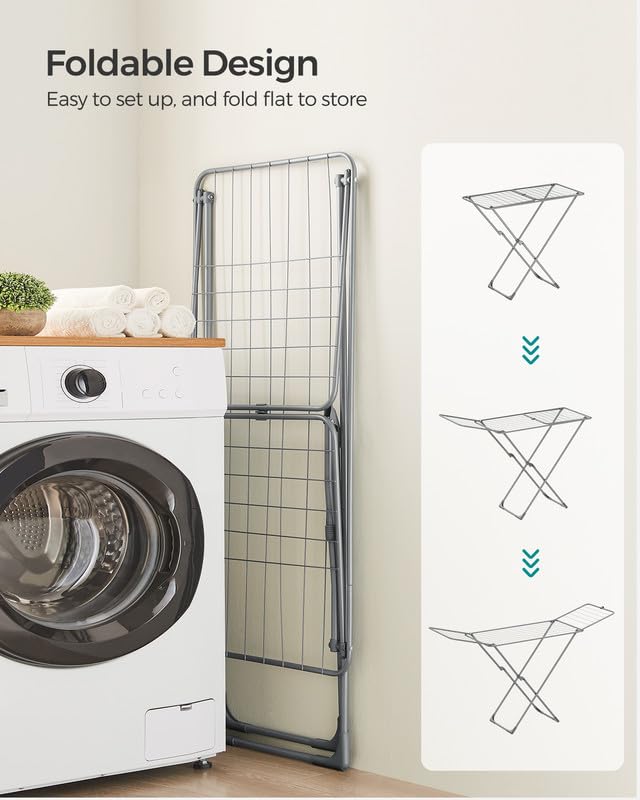 SONGMICS Clothes Drying Rack, Foldable, Heavy Duty, 2 Gullwings - color: Gray, style: 2 Gullwings（19.7"D)