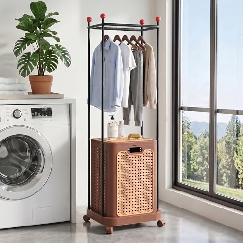 VECELO Laundry Hamper with Clothes Rack, Rolling Laundry Basket with Lid and Wheels, Tall Clothes Stand for Hanging Clothes, Multifunctional Laundry Organizer for Bedroom, Bathroom, Brown - color: Brown