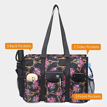 TOPDesign Utility Water Resistant Tote Bag with 13 Pockets, Zipper Closure - color: Baroque Cloves, size: Medium