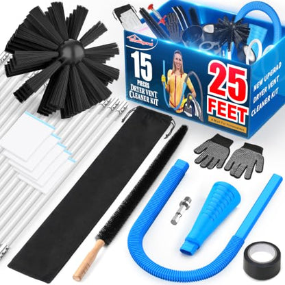 Sealegend 15-Piece 25-Feet Dryer Vent Cleaner Kit, Dryer Cleaning Tools, Omnidirectional Dryer Lint Vacuum Attachment, Dryer Vent Brush, Universal Vacuum & Dryer Adapters (Blue) - size: 25 feet