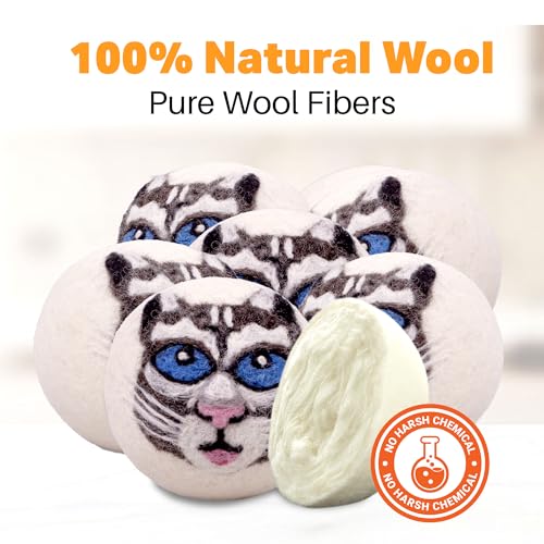 Wool Dryer Balls 6-Pack 100% Natural New Zealand Wool, Handmade in Nepal Reusable Laundry Balls, Faster Drying, Softer Clothes, Anti-Static, Dryer Sheets Alternative (Gray Cat) - color: Gray Cat