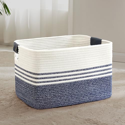 72L Woven Laundry Basket Hamper with Leather Handles,Denim Blue - color: Denim Blue, size: 72L