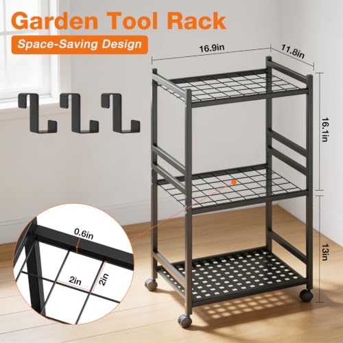 Garden Tool Organizer with Wheels, Heavy-Duty Yard Tool Rack with 3 Side Hooks, Holds Up to 40 Long-Handled Tools, Metal Garage Tool Storage for Lawn & Outdoor Organization