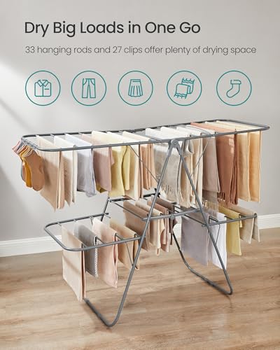 SONGMICS Clothes Drying Rack, Foldable 2-Level Stee Laundry Drying Rack - color: Gray, size: 2 Tiers（22"d x 61.8"w x 64.3''h )