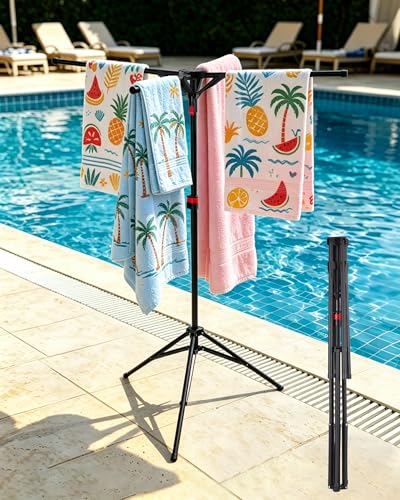 Metal Pool Towel Stand, Foldable Outdoor Towel & Swim Gear Storage Rack, Stable Tower Holder with Tripod Base, Matte Metal Frame for Backyard, Beach Indoor Drying Arrangement - color: Black