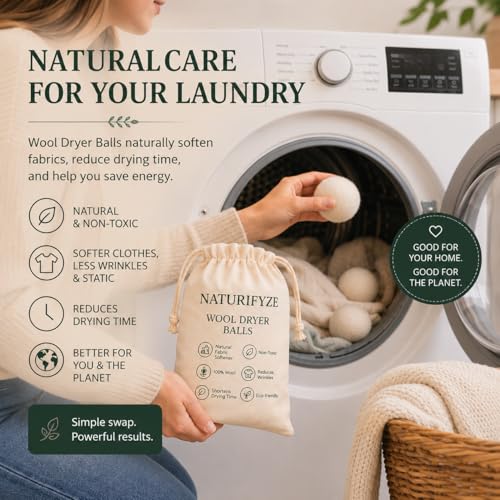 Wool Dryer Balls - 100% New Zealand Sheep Wool - Natural Fabric Softening, Reduces Clothing Wrinkles (6 Pack)