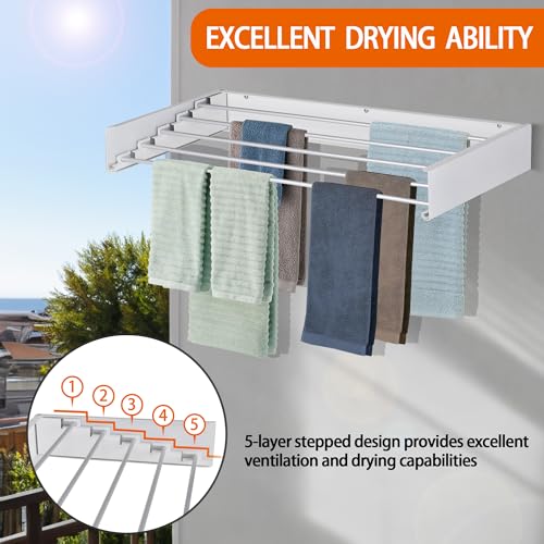 FOCHIER F Laundry Drying Rack Wall Mounted Clothes Drying Rack Collapsible with 5 Aluminum Rods and Drilling Template Long Screwdriver Bit 60 lbs Capacity (White, 31.5") - color: White, size: 31.5"