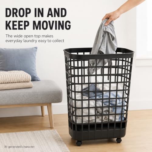 Black Rolling Laundry Hamper w/Casters, 2.6 Bushel Capacity - color: Black-Wheel-2.6 Bushel