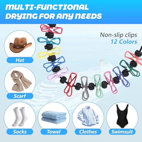Magnetic Clothesline for Cruise Ship, Travel Clothesline with 12 Clothespins for Cruise Ship Essentials, Clothes Drying Rack with Strong Magnets Hooks and Storage Bag for Cruise Ship Cabin Outdoor
